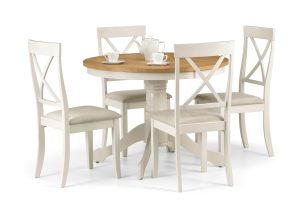 Davenport Ivory and Oak Round Table and 4 Ivory Davenport Chairs