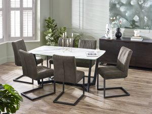 Olympus White Marble Effect Table and 6 Charcoal Brooklyn Chairs