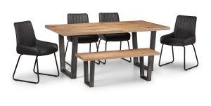 Brooklyn Oak Rectangular Table, 1 Oak Brooklyn Bench and 4 Grey Soho Chairs