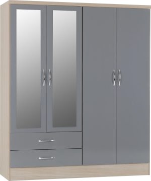 NEVADA 4 DOOR 2 DRAWER WARDROBE GREY GLOSSLIGHT OAK EFFECT VENEER 2019 01 100 101 075 scaled 1