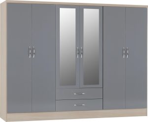 NEVADA 6 DOOR 2 DRAWER WARDROBE GREY GLOSSLIGHT OAK EFFECT VENEER 100 101 109 01 scaled 1