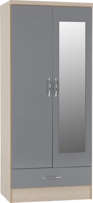 NEVADA MIRRORED 2 DOOR WARDROBE GREY GLOSSLIGHT OAK EFFECT VENEER 2019 01 100 101 085 scaled 1