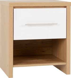 SEVILLE 1 DRAWER BEDSIDE WHITE GLOSSLIGHT OAK EFFECT VENEER 2019 01 100 103 027 scaled