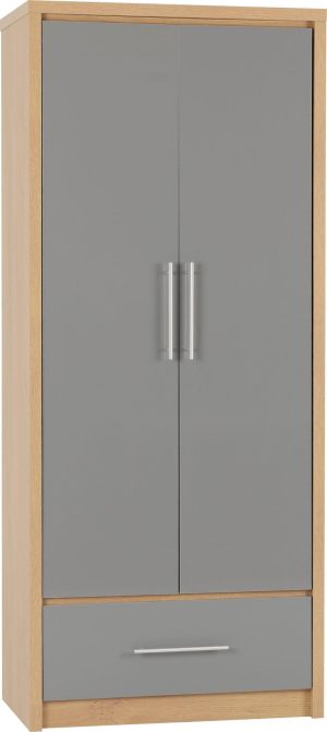 SEVILLE 2 DOOR 1 DRAWER WARDROBE GREY GLOSSLIGHT OAK EFFECT VENEER 2019 01 100 101 072 scaled