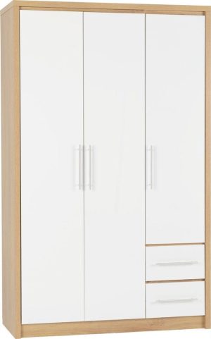 SEVILLE 3 DOOR 2 DRAWER WARDROBE WHITE GLOSSLIGHT OAK EFFECT VENEER 2019 01 100 101 069 639x1024