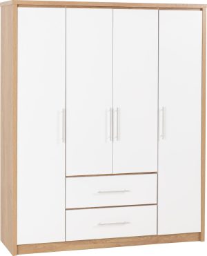 SEVILLE 4 DOOR 2 DRAWER WARDROBE WHITE GLOSSLIGHT OAK EFFECT VENEER 2020 100 101 113 01 scaled 1