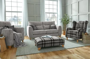 Lisburn 3 seater plus chair wingback chair and stool whisper silver